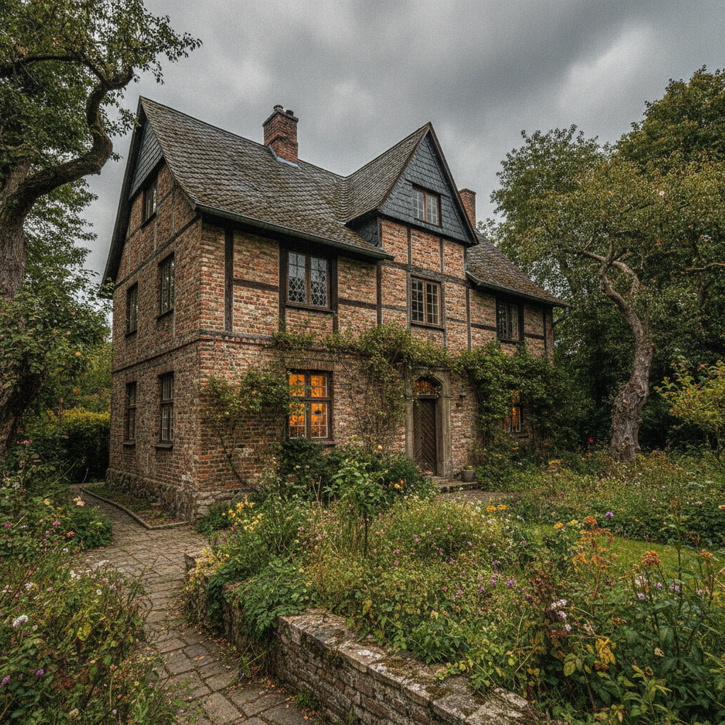 Alte Villa mit Garten unter bewölktem Himmel
