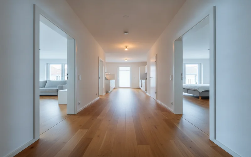 3D Virtual Tour — raumgreifende Perspektive eines modernen Flurs