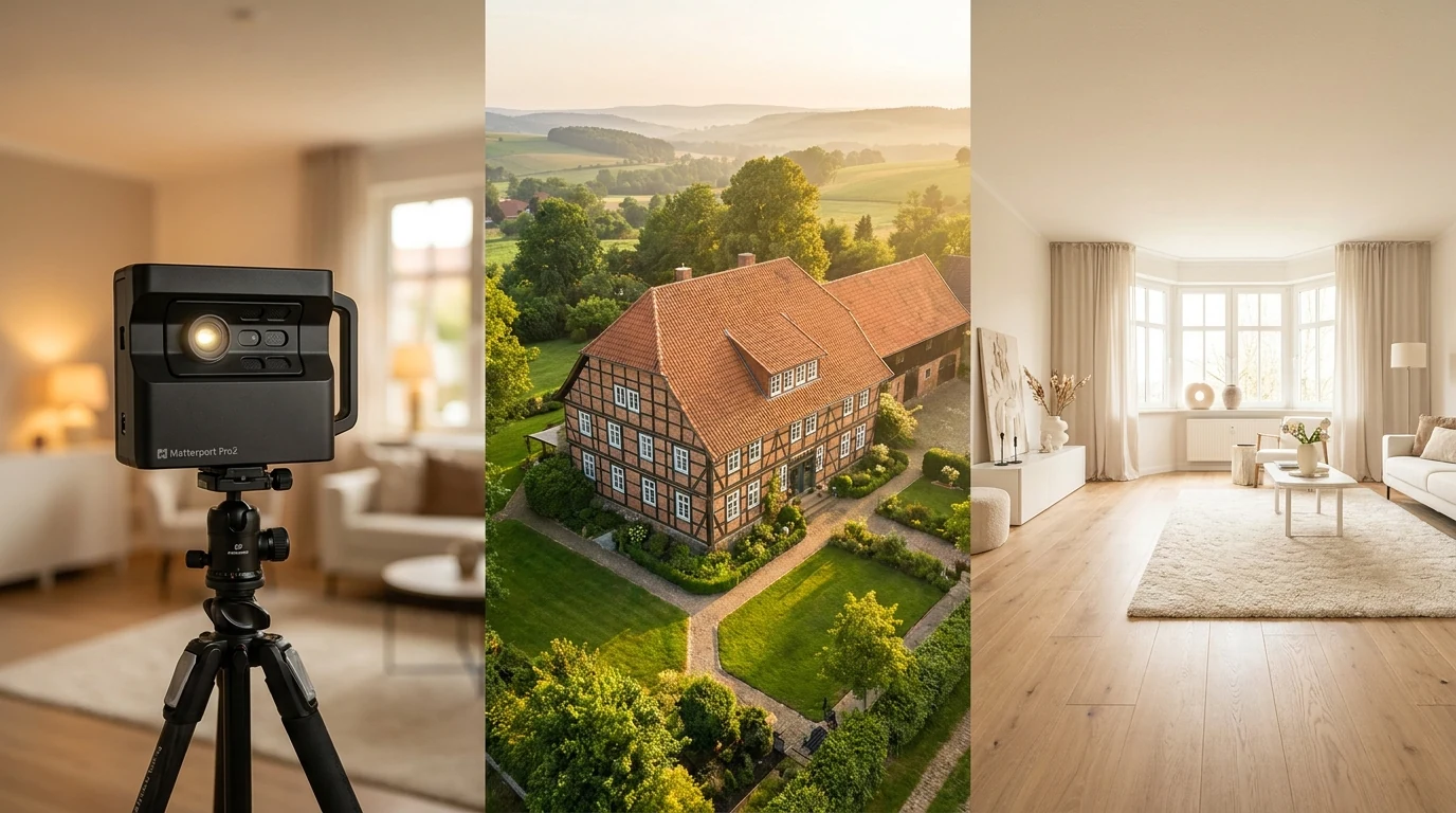 Drohnenaufnahme, professionelle Fotografie und Matterport 3D-Tour — Immobilienvermarktung AK Immobilien Hameln